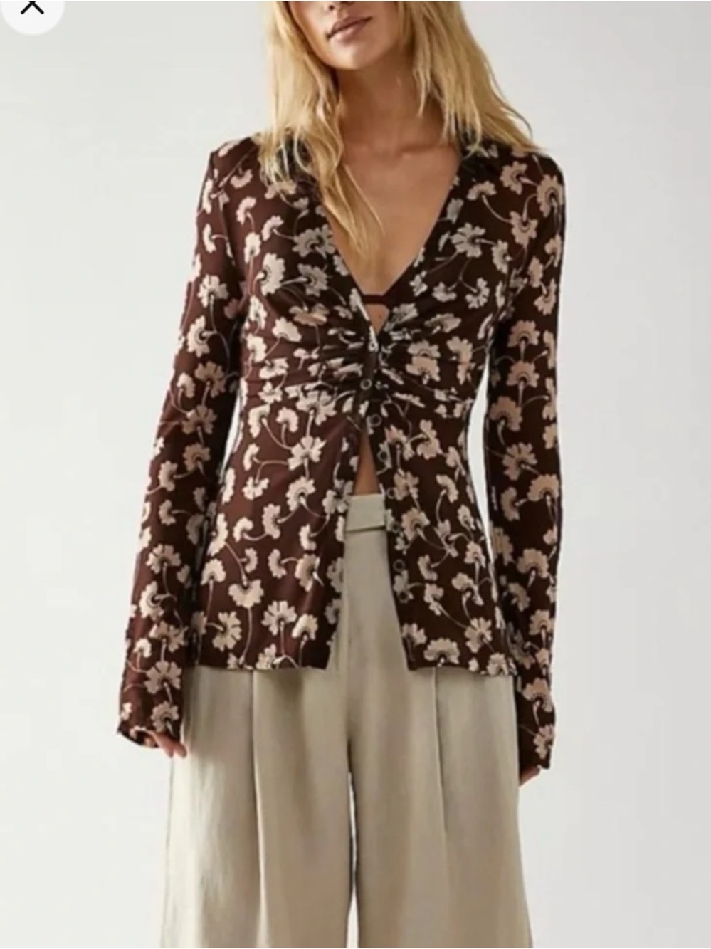 Free People Brown Floral Tie-Front Button Down Top